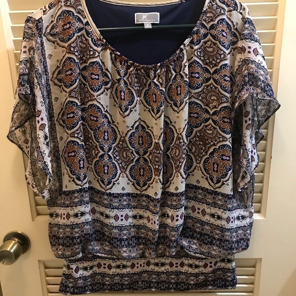 Flowy top with navy, purple and tan design